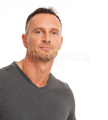 Buy stock photo Mature man, portrait and mockup with white background space in studio in Australia. Focus, face and headshot of handsome guy, male model and relax with healthy body, mock up and confidence alone 