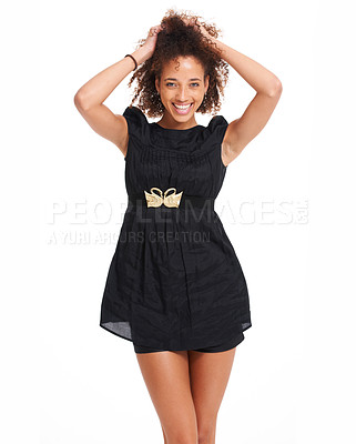 Buy stock photo Fashion, happy and portrait of a black woman in studio with casual, designer brand and chic clothes. Style, young and African model with a stylish, apparel and cute dress outfit by a white background