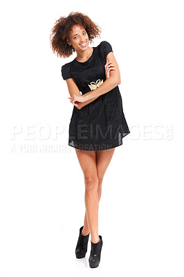 Buy stock photo Black woman, smile portrait and fashion motivation in white background studio for trendy, cool or modern style. Young african girl, model happiness and arms crossed for Nigeria designer confidence