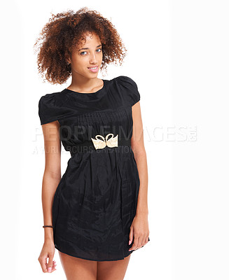 Buy stock photo Fashion, young and portrait of a black woman in studio with casual, designer brand and chic clothes. Style, beauty and African model with a stylish, apparel and cute dress outfit by white background.
