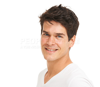 Buy stock photo Portrait, mockup and man with beauty, sexy and cool guy isolated against a white studio background. Face, male person and model with a smile, wellness and confidence with casual outfit and happiness