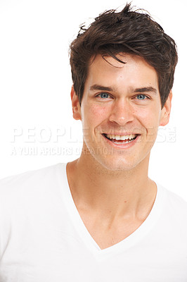 Buy stock photo Face, portrait and sexy young man with fashion, skincare and happiness with white studio background. Caucasian model, smile and clean aesthetic with glow, spa and cosmetic with t-shirt in close up