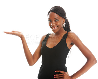 Buy stock photo Isolated, gesture and mockup with portrait of black woman for confidence, idea and product advertisement. Deal, choice and decision with face of cute girl in white background studio for promotion 