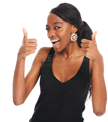 Buy stock photo Happy, thumbs up and wink with portrait of black woman. for approval, emoji and welcome. Hand, smile and confident with face of girl isolated on white background studio for yes, agreement and ok sign