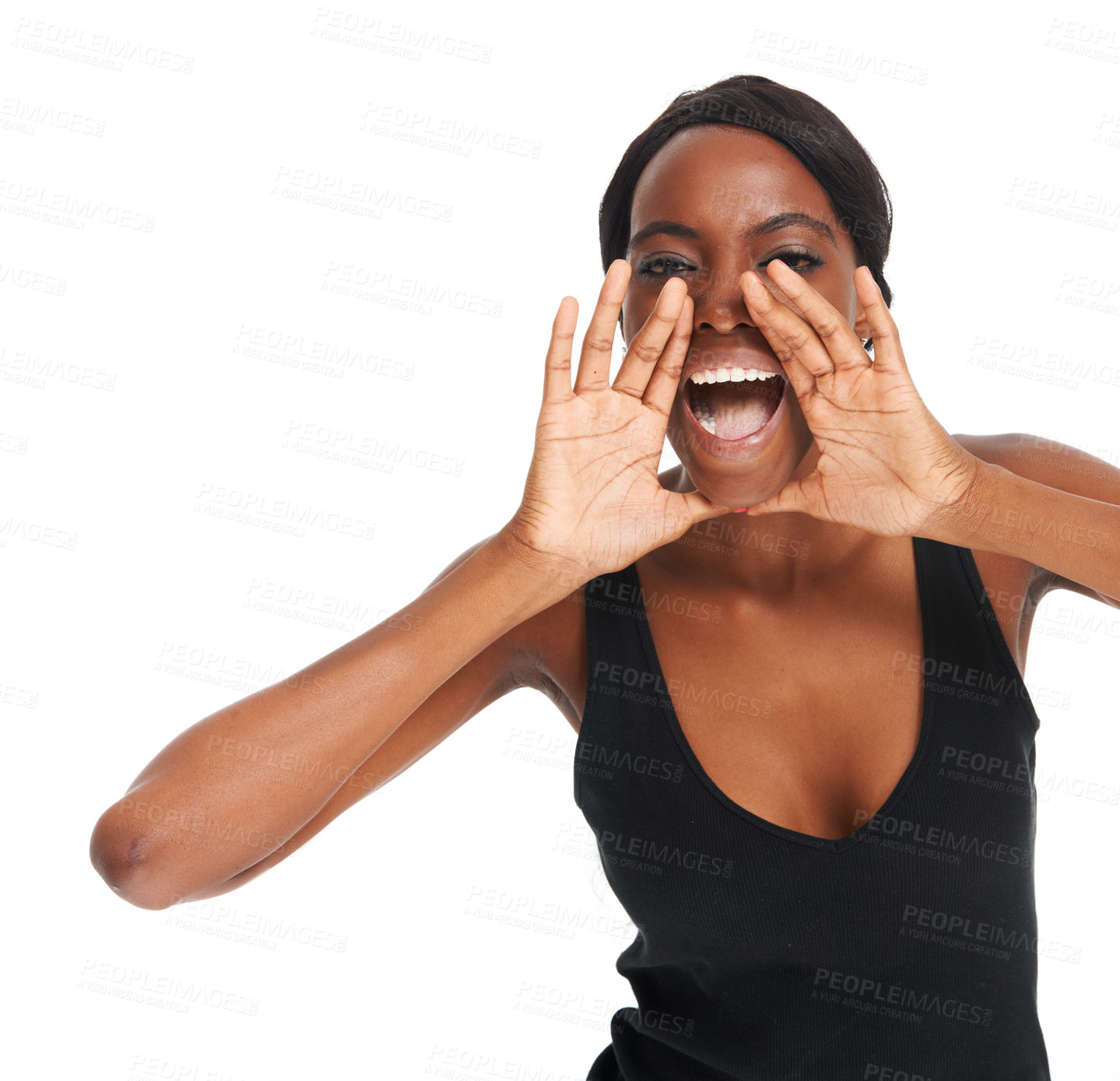 Buy stock photo Shouting, hands and mockup with portrait of black woman for marketing, advertising and designer. Creative, yell and screaming with real girl isolated on white background for feedback, idea and vote