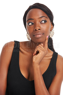Buy stock photo Doubt, idea and thinking with face of black woman for announcement, deal and vision. Creative, contemplating and planning girl isolated on studio white background for solution, decision and ideas