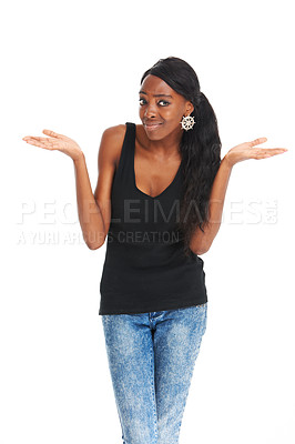 Buy stock photo Woman, confused and portrait studio for doubt question decision, choice or marketing why offer. African female, shrug hand gesture or face on white background as emoji, solution or product comparison