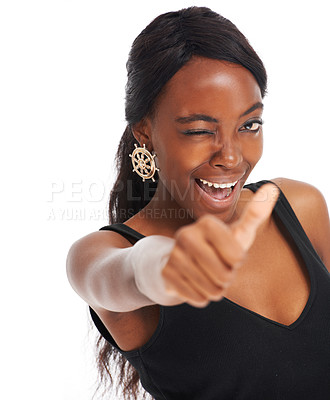 Buy stock photo Wink, thumbs up and smile with portrait of black woman and mockup support, yes or agreement. Emoji, approval and like with girl and hand gesture isolated on white background for okay, winner or vote