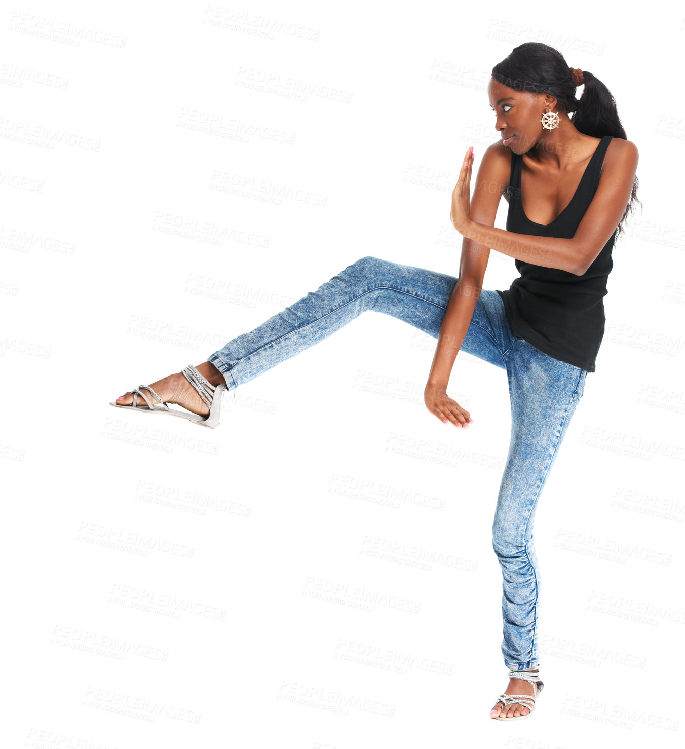 Buy stock photo Woman, kick and studio for fashion beauty luxury designer wear, trendy style or unique funny. African female, martial arts hands or mockup fun pose for cool clothes or jeans outfit good mood or youth
