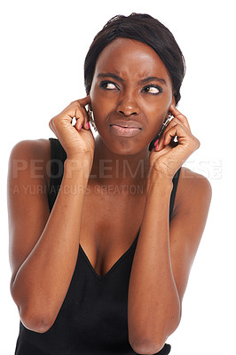 Buy stock photo Woman, ears and studio annoyed or noise listening, tired or frustrated frown. Black model person, confused face and white background for mental health bad mood or anxiety, angry pain for thinking