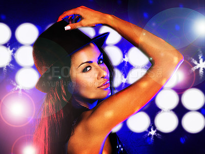 Buy stock photo Disco party, light and woman in a club at night dancing alone on rave dance floor in lens flare portrait. Sexy, techno and young girl in fun nightclub, concert or house music event for celebration