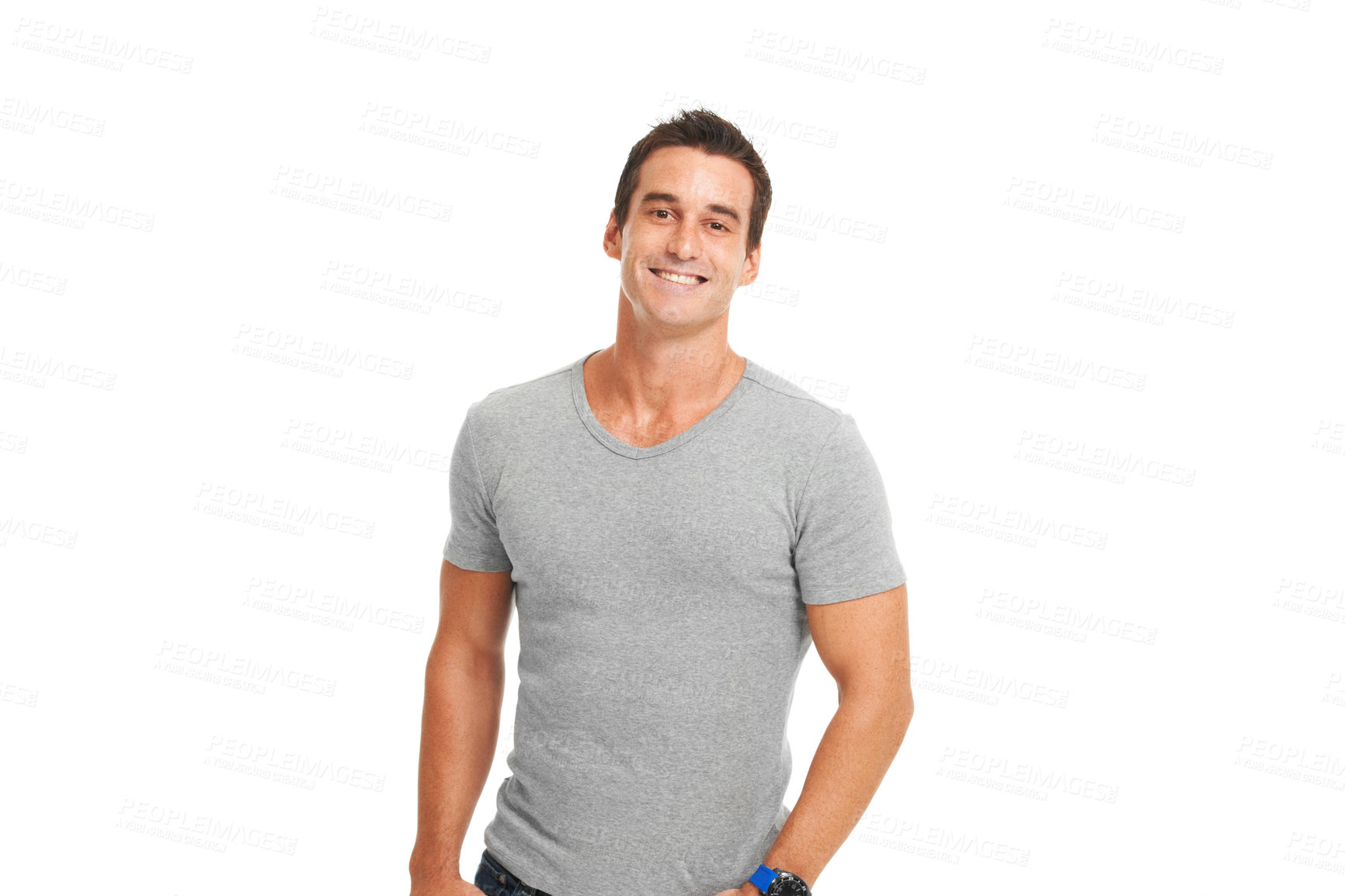 Buy stock photo Happy, isolated and smile with portrait of man and mockup for attractive, youth and designer. Creative, handsome and fashion with muscular model on white background for modern, casual and real