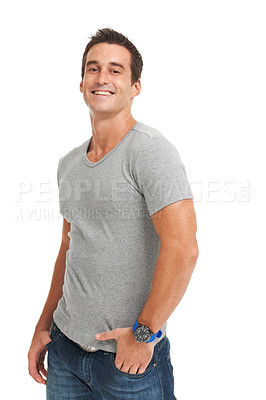 Buy stock photo Portrait, fashion and smile with a man in studio isolated on a white background for classic style. Happy, confident and a trendy young model looking strong in a t-shirt or masculine clothes outfit