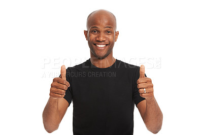 Buy stock photo Studio portrait, man and thumbs up with smile for vote emoji, feedback and review on white background. Black model, face and hand gesture for yes with positive, agreement and winner with approval