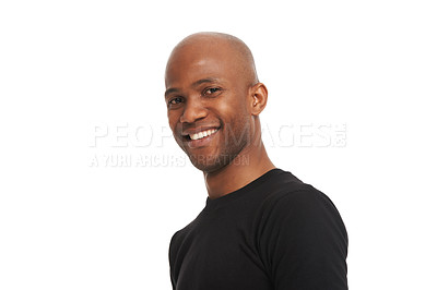 Buy stock photo Studio portrait, man and smile with confident pose for about us, isolated and white background. Black model, casual fashion and creative with positive attitude, vision and mindset on future success