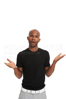 Buy stock photo Studio portrait, man and hand gesture in unsure pose for clarity, bald head and isolated white background. Black model, casual fashion and body language in confused with question, doubt or uncertain 