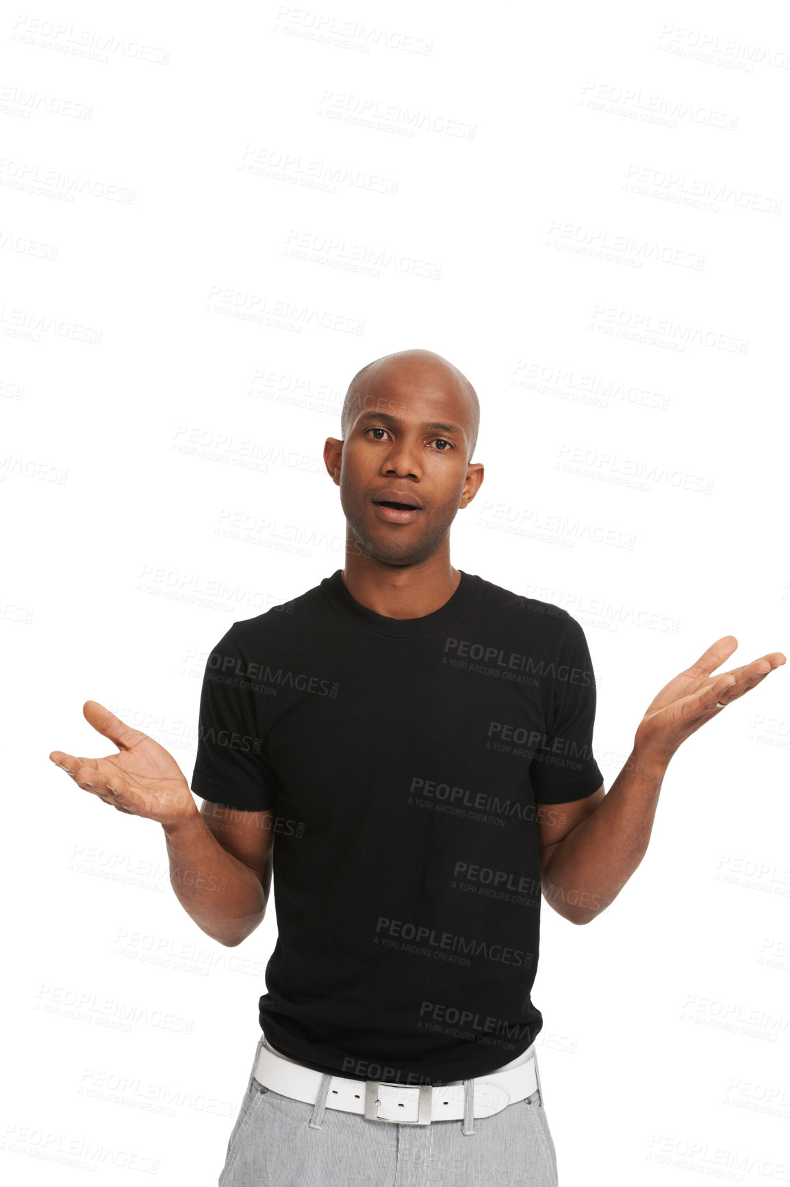 Buy stock photo Studio portrait, man and hand gesture in unsure pose for clarity, bald head and isolated white background. Black model, casual fashion and body language in confused with question, doubt or uncertain 