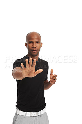 Buy stock photo Studio portrait, man and stop gesture with hand for warning, order and threat on white background. Black model, authority pose and body language with attention, protection and protest to decline 