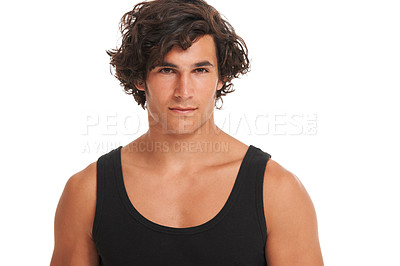 Buy stock photo Serious, handsome and portrait of man on a white background with confidence, beauty and muscles. Skincare, dermatology and isolated Australian male person in studio for wellness, health and hair