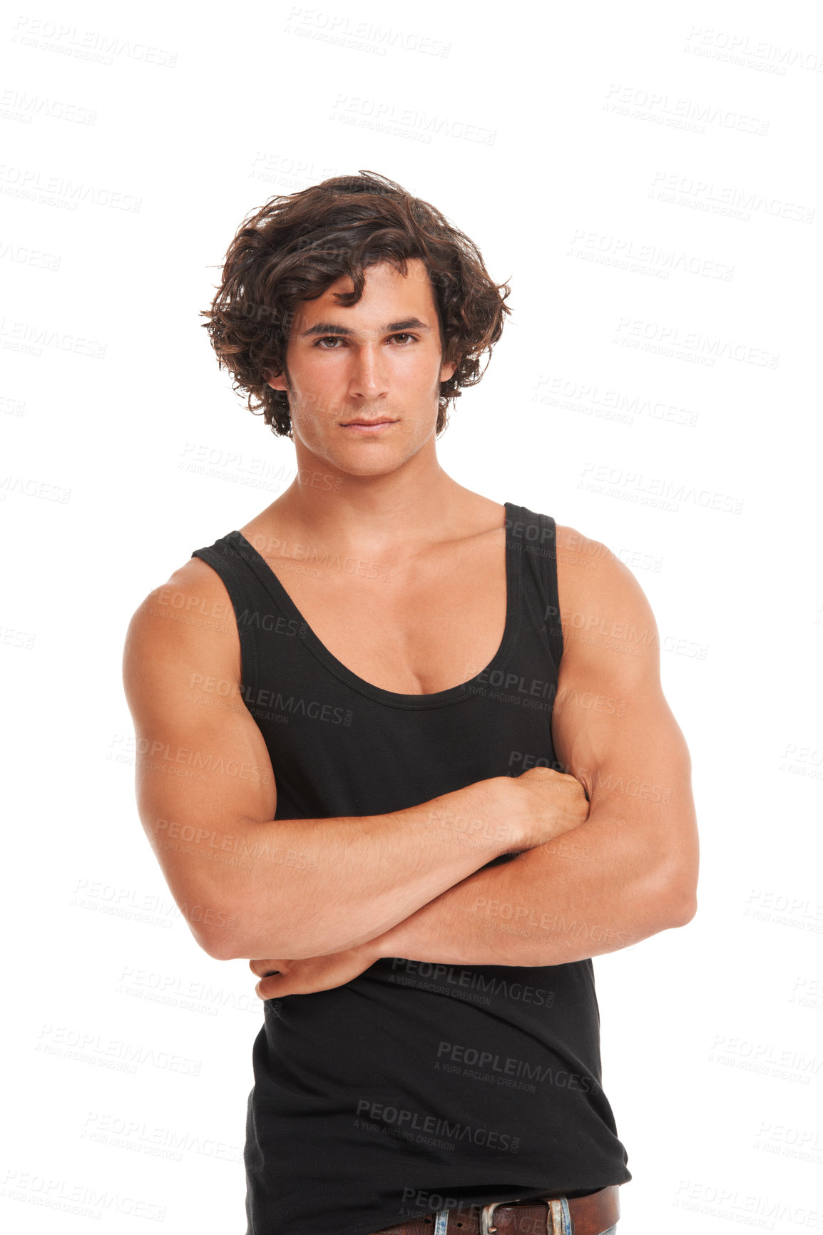 Buy stock photo Fashion, crossed arms and portrait of man on a white background with confidence, attitude and edgy style. Serious, body builder and isolated handsome, attractive and Australian male person in studio