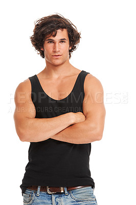 Buy stock photo Crossed arms, fashion and portrait of man on a white background with confidence, pride and trendy style. Attitude, clothing mockup and isolated handsome, serious and young male person in studio