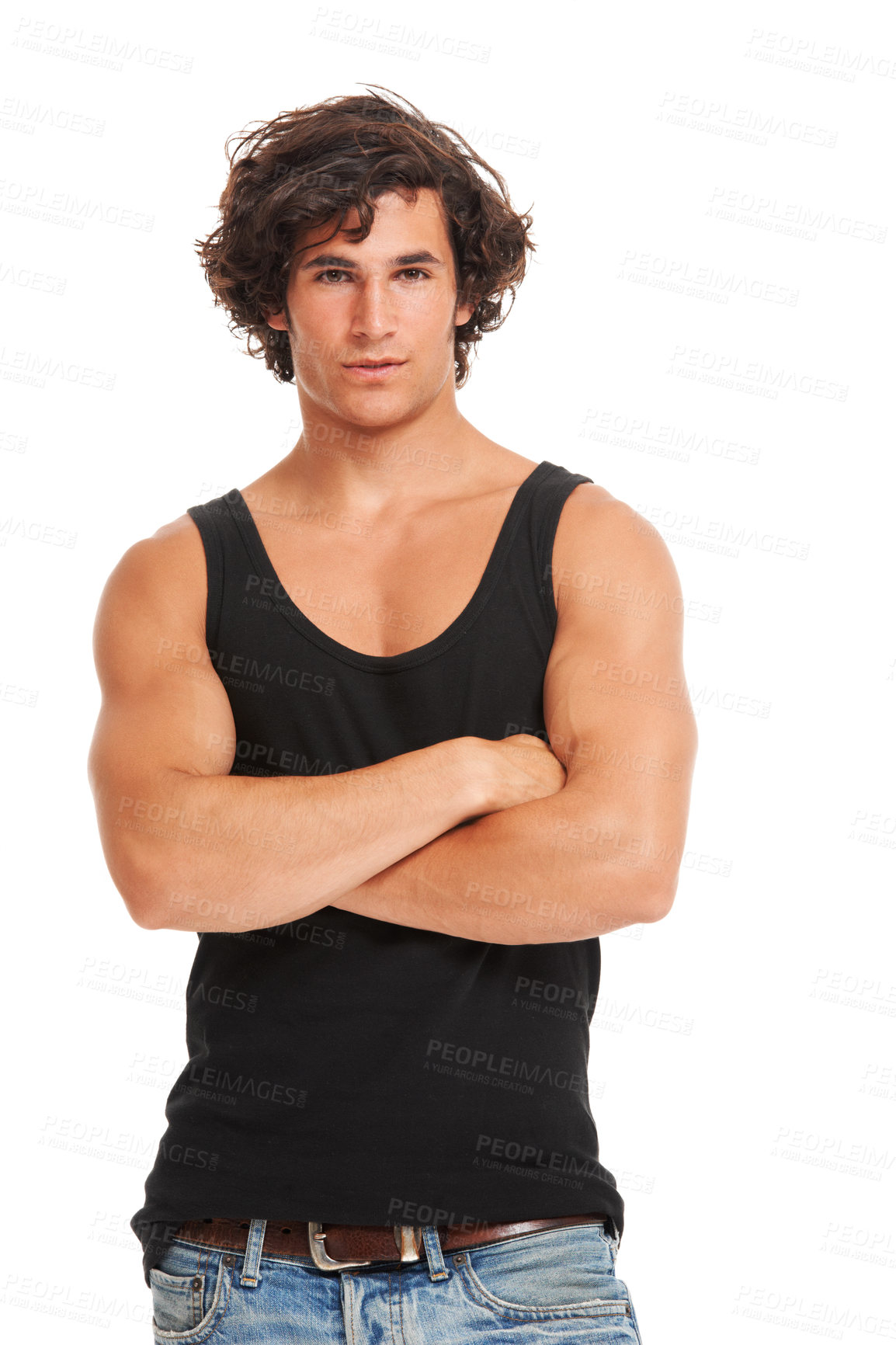 Buy stock photo Crossed arms, fashion and portrait of man on a white background with confidence, pride and trendy style. Attitude, clothing mockup and isolated handsome, serious and young male person in studio