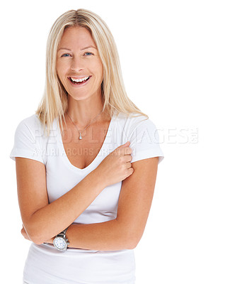 Buy stock photo Woman, laugh or portrait in studio for natural beauty or happiness in t-shirt, carefree and casual. Female model person, funny smile or white background relax confident, energy comedy or personality