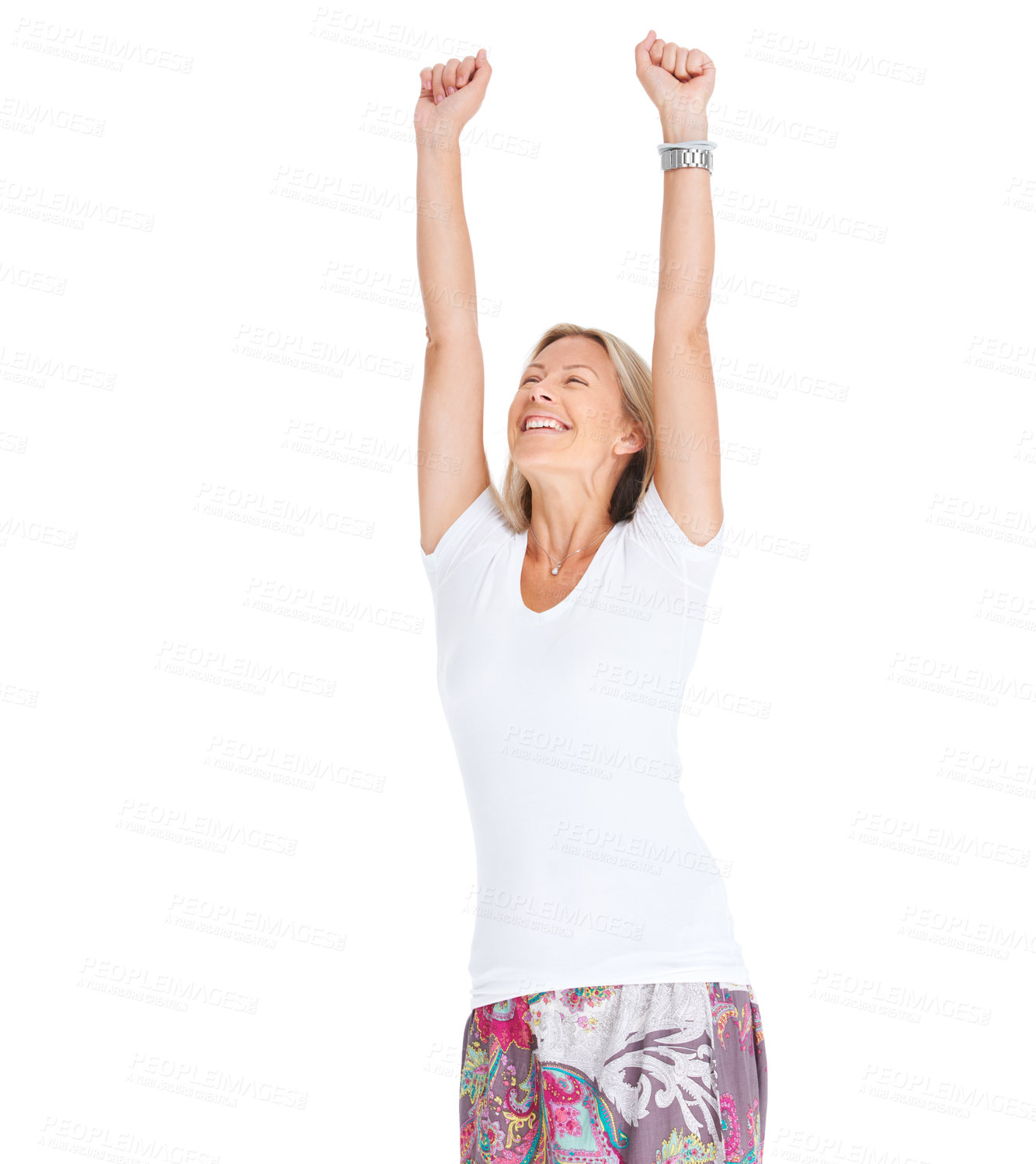 Buy stock photo Woman, excited and celebrate win with hands raised for achievement, goal or bonus. Happy female model isolated on a white background for lotto success celebration, news and sale or prize announcement