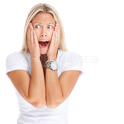 Buy stock photo Woman, scream hands or shock in studio for scared face emoji horror, spider phobia or fear. Female model person, wow gesture or danger anxiety or terror for insect crisis, surprise boo or stress help