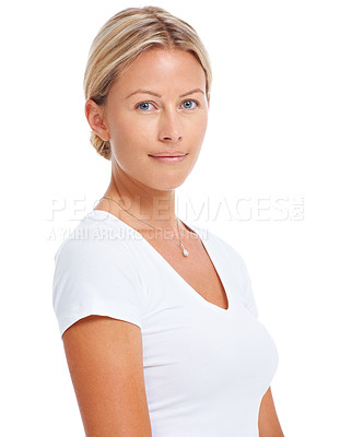 Buy stock photo Portrait, relax and woman with confidence, casual and lady isolated against a white studio background. Face, female person and model with white tshirt, thinking and carefree with beauty and happiness