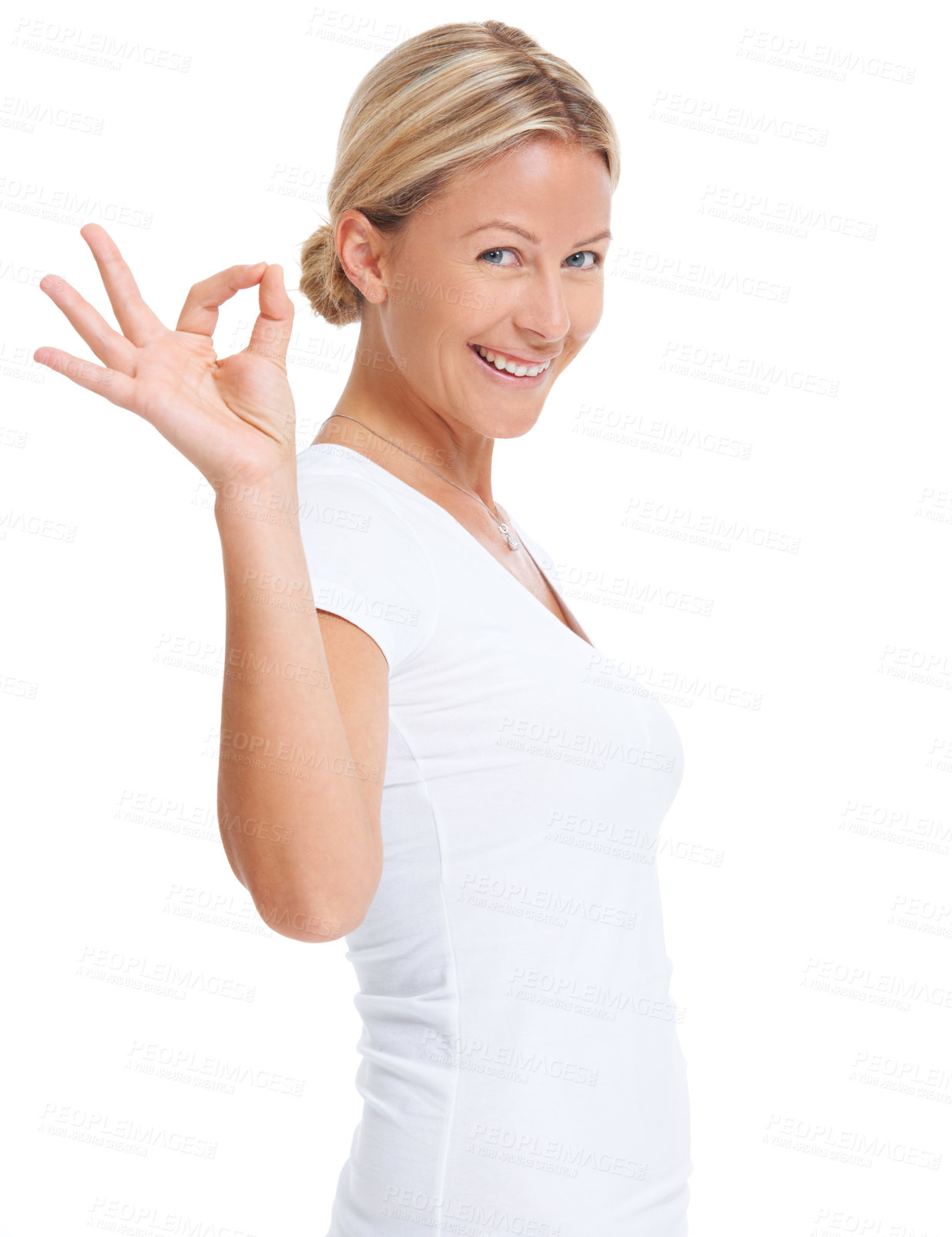 Buy stock photo Studio shot of an attractive woman giving you a hand signal for 