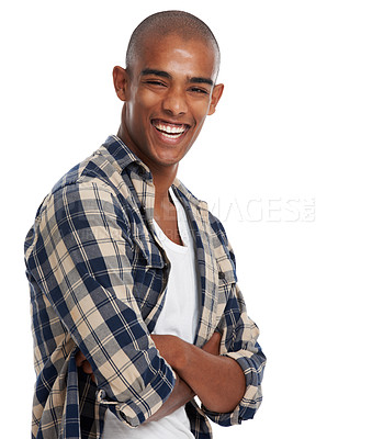 Buy stock photo Laugh, happy and black man model portrait of a person from Chicago with cool style and happiness. Laughing, casual and bald young male university student alone with arms crossed and mockup space