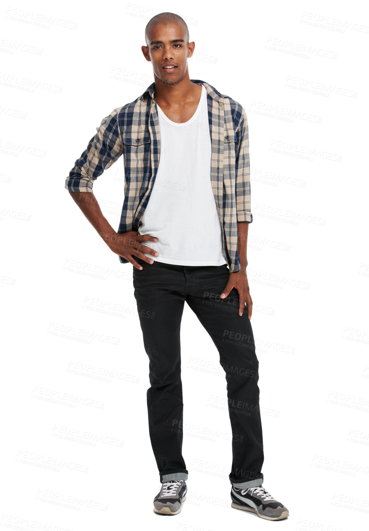 Buy stock photo Young black man, studio portrait and style with confidence, attitude and lifestyle in Atlanta. Cool guy, fashion model and white background with confident college student, clothes and handsome person