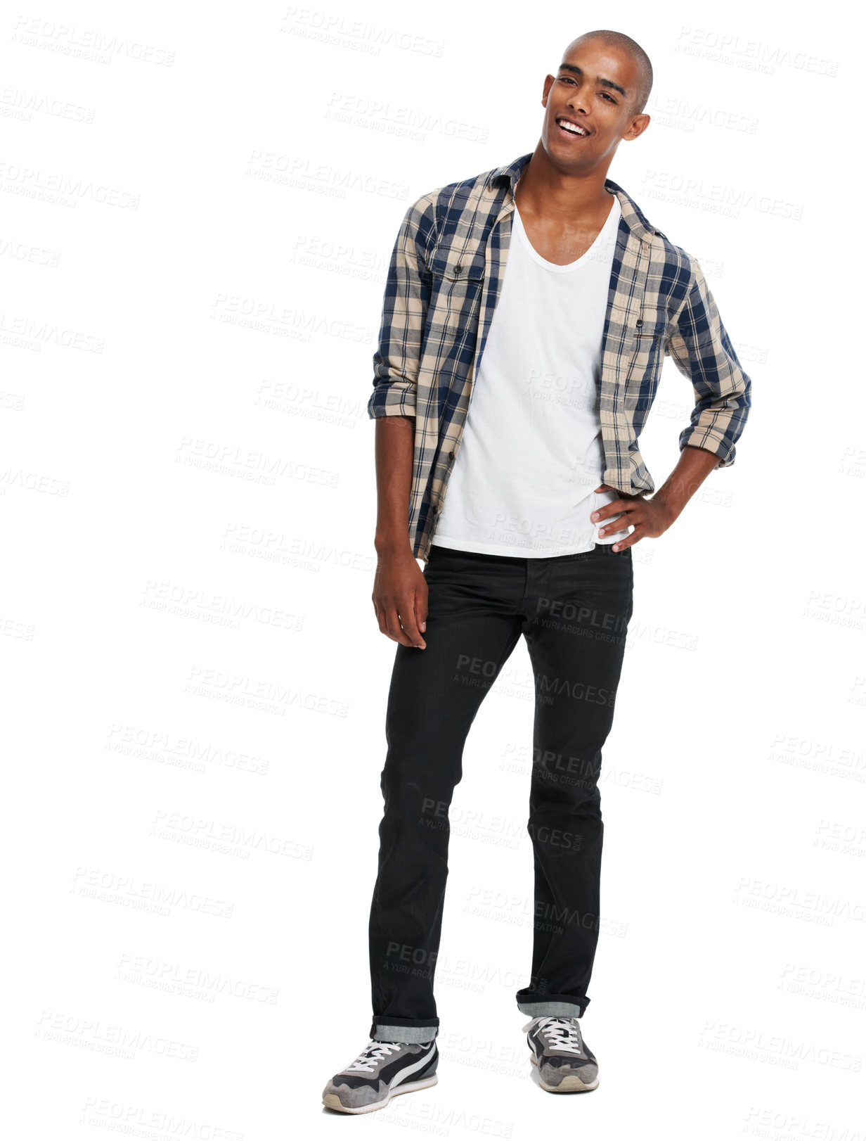 Buy stock photo Happy black man, studio portrait and smile with confidence, happiness and style from Atlanta. Cool young guy, fashion model and white background with confident student, clothes and handsome person