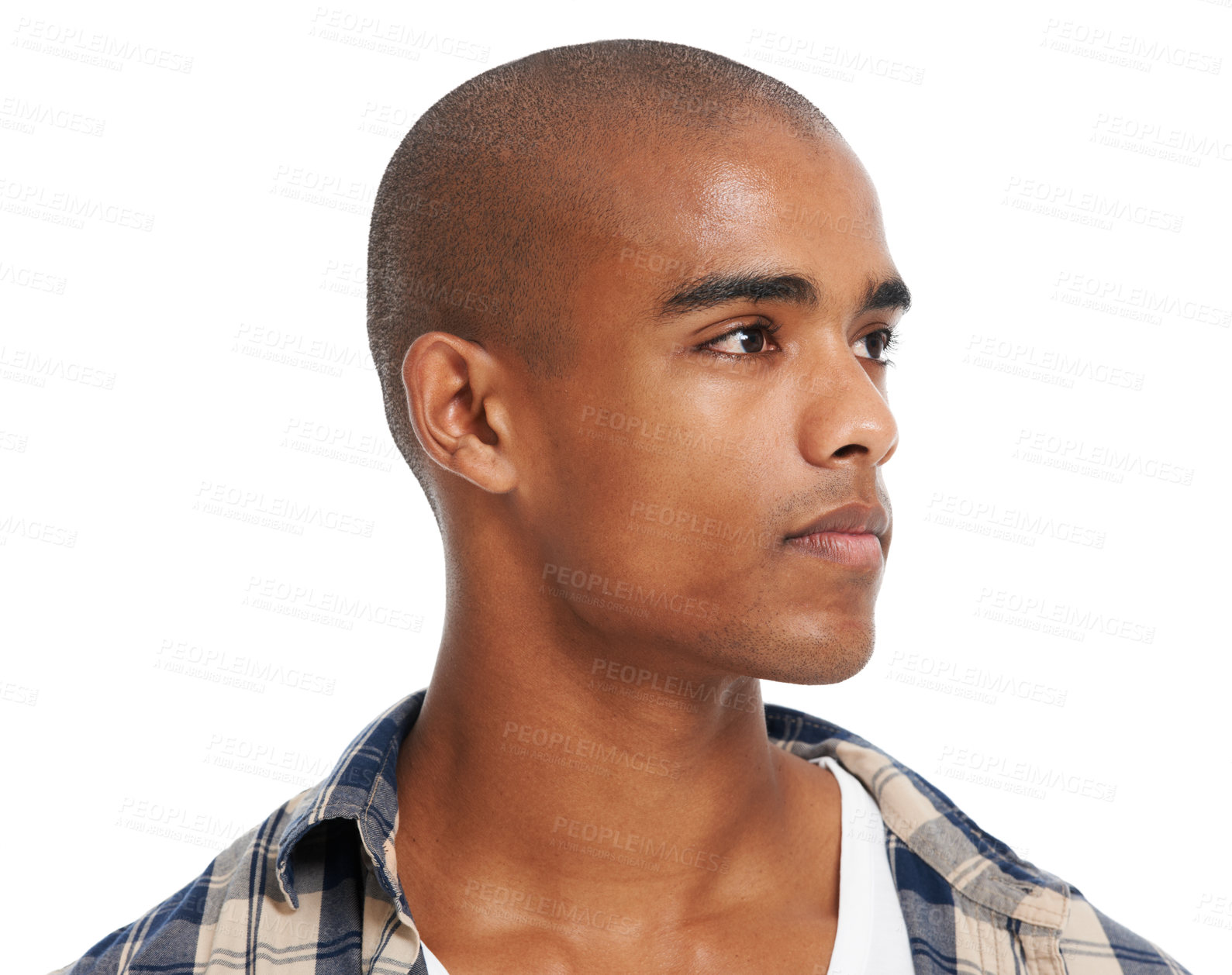 Buy stock photo Serious black man, studio profile and face with confidence, pride and vision in Atlanta. Male fashion model with cool attitude isolated on white background with style and focus mindset while thinking