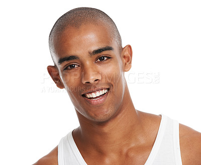 Buy stock photo Black man, smile and studio for skincare, face health and cosmetic wellness by white background. Young model man, happy and glow on facial skin, aesthetic and healthy self care cosmetic by backdrop