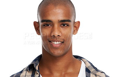 Buy stock photo Happy, smile and portrait of a man in a studio with a health, wellness and cosmetic face. Young, handsome and male model from Brazil with self care skin treatment isolated by a white background.