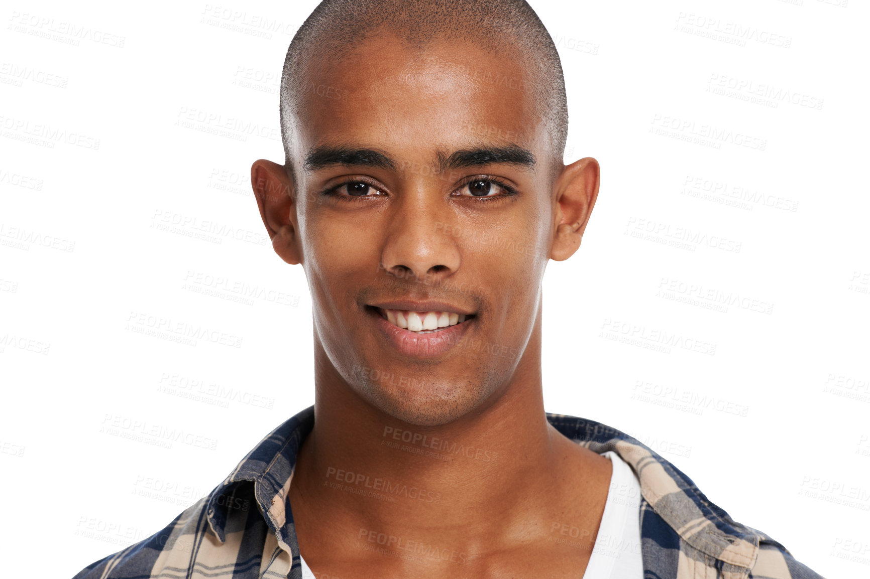 Buy stock photo Happy, smile and portrait of a man in a studio with a health, wellness and cosmetic face. Young, handsome and male model from Brazil with self care skin treatment isolated by a white background.