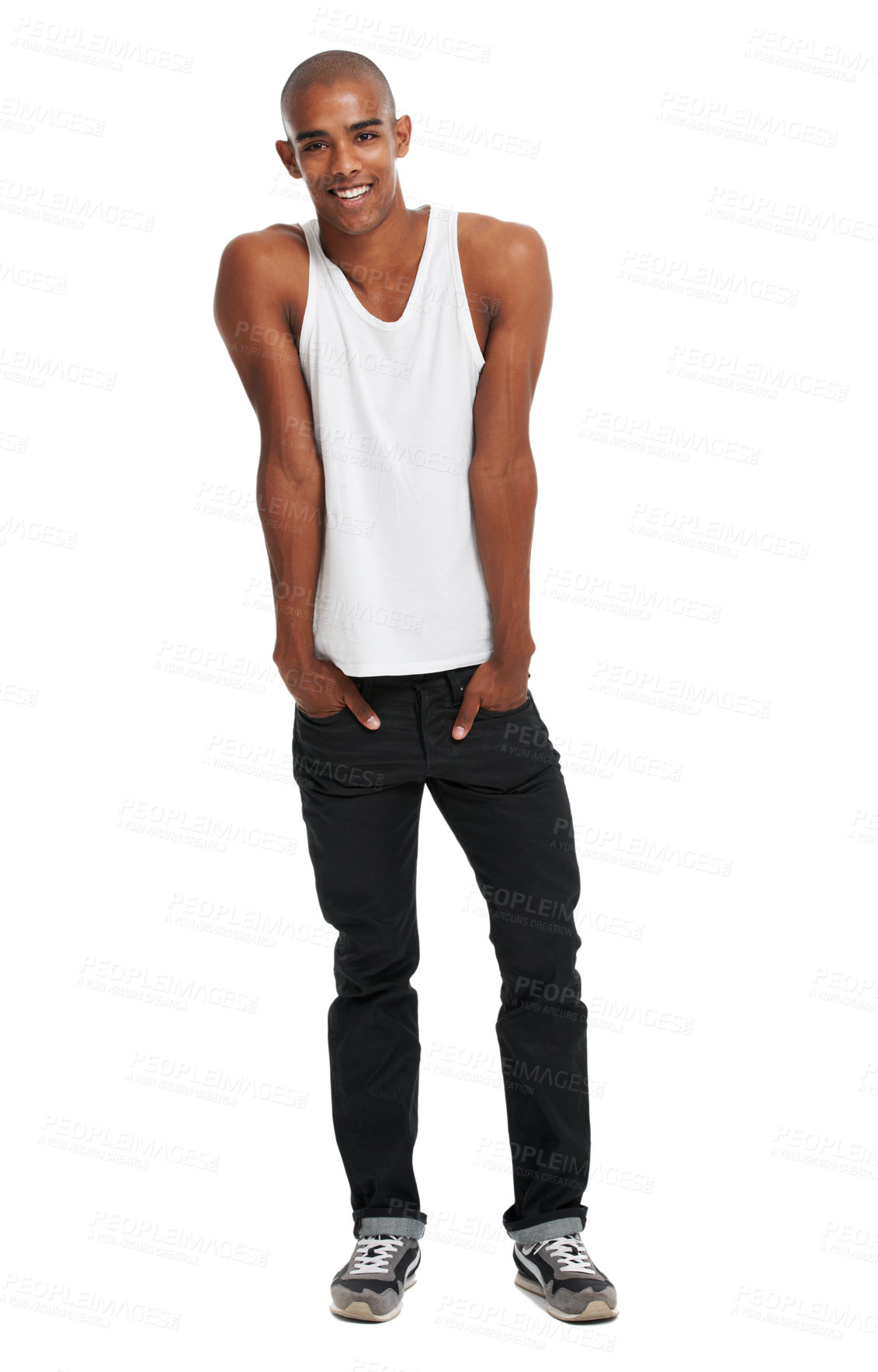 Buy stock photo Black man, happiness and fashion portrait of a model with isolated, full body and white background. Hands in pockets, smile and happy person feeling cool and stylish alone in studio with mock up