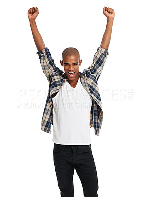 Buy stock photo Winner, portrait and black man celebration of success, motivation and bonus deal on white background. Happy male model celebrate achievement, winning lotto competition and excited sale announcement