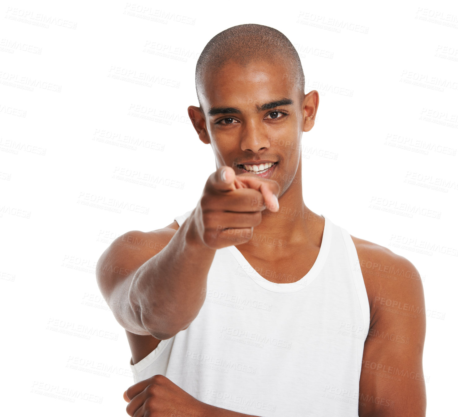 Buy stock photo Black man, studio portrait and pointing with hand, smile and focus with wellness by white background. Happy gen z man,   point finger and isolated for confidence, handsome and muscle body in Chicago