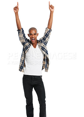 Buy stock photo Black man, studio celebration and hands in air, smile and focus with success by white background. Happy gen z man, winning and celebrate with confidence, handsome or isolated for fashion in Chicago