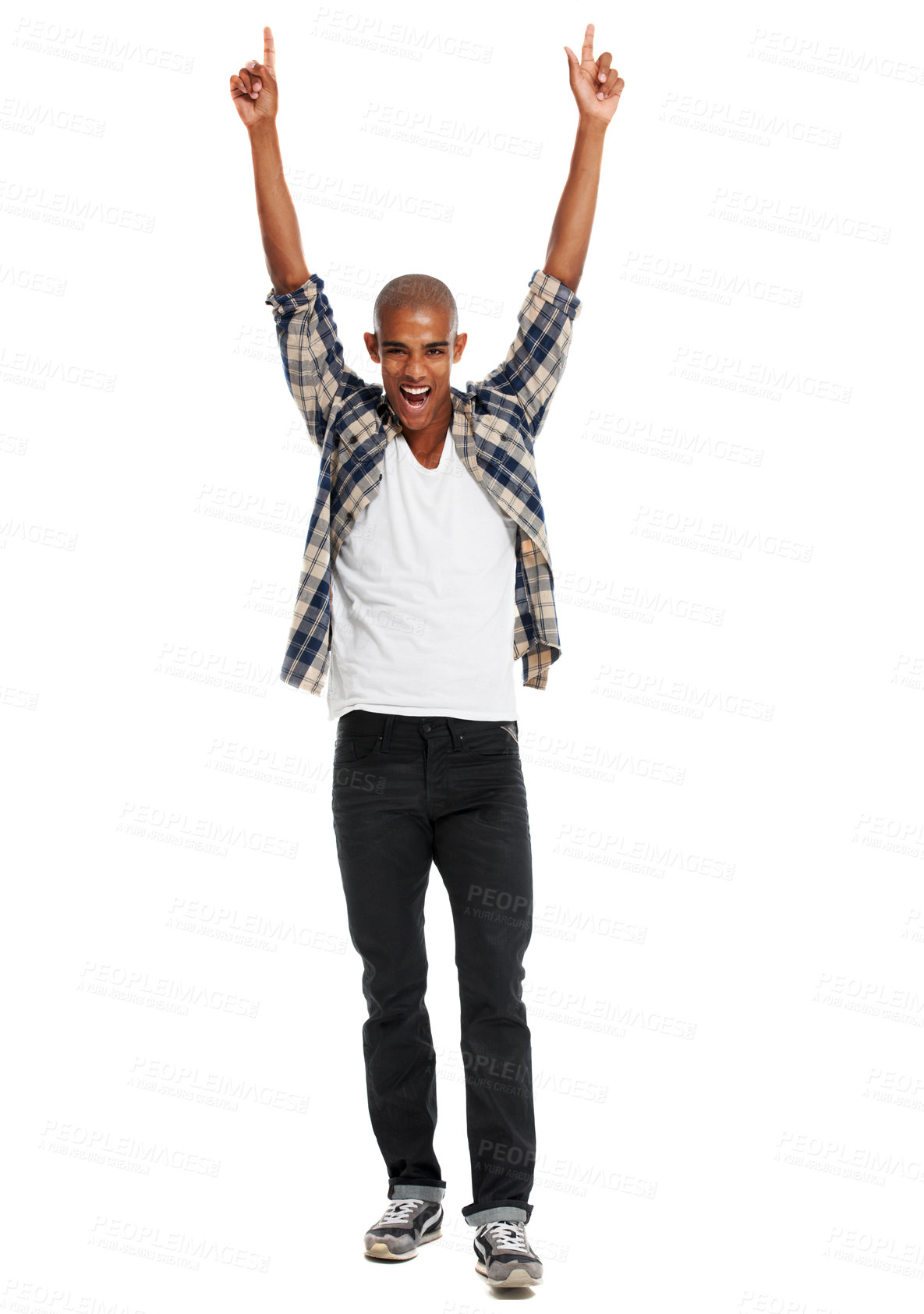 Buy stock photo Winner, portrait and excited black man celebration of success, motivation and bonus deal on white background. Happy male model celebrate achievement, winning lotto competition and freedom in studio 