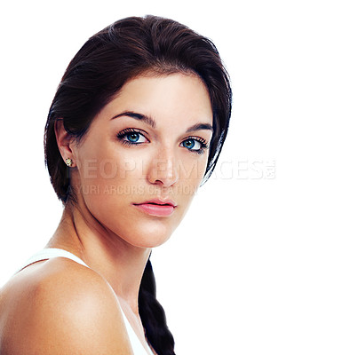 Buy stock photo Woman, portrait and studio beauty makeup for cosmetic skincare, mockup or confident glow. Female model person, face and spa wellness for dermatology review, healthy shine or smooth treatment results
