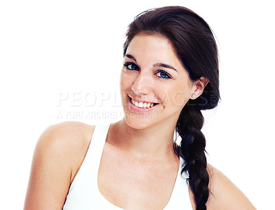 Buy stock photo Beautiful young woman smiling confidently at the camera, isolated on white - copyspace