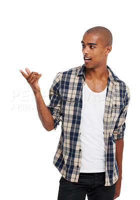 Buy stock photo Mockup, black man or pointing for marketing, advertising or guy isolated on white studio background. African American male, gentleman or gesture for suggestion, product placement or brand on backdrop