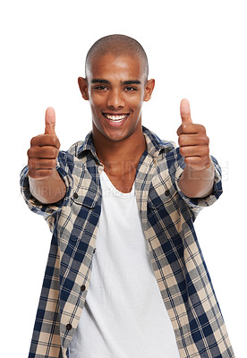 Buy stock photo Portrait, thumbs up and motivation with a black man in studio on a white background saying yes or thank you. Winner, face and success with a handsome young male posing for a deal or agreement