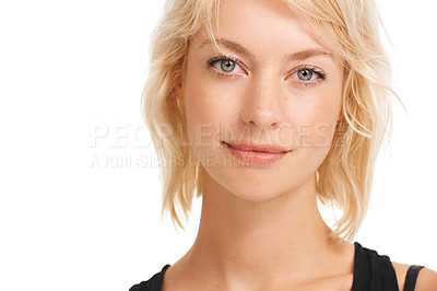 Buy stock photo Positive young blonde woman's face isolated on white alongside copyspace