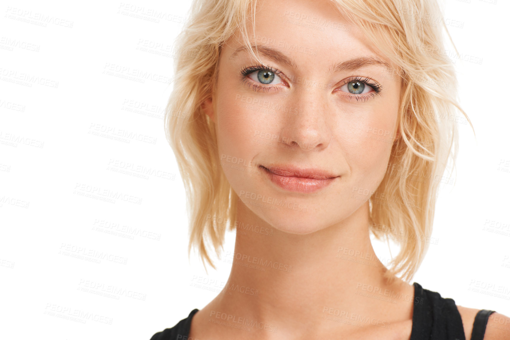 Buy stock photo Positive young blonde woman's face isolated on white alongside copyspace