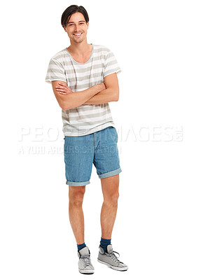Buy stock photo Handsome young man in t-shirt and shorts smiling at you, isolated on white - copyspace